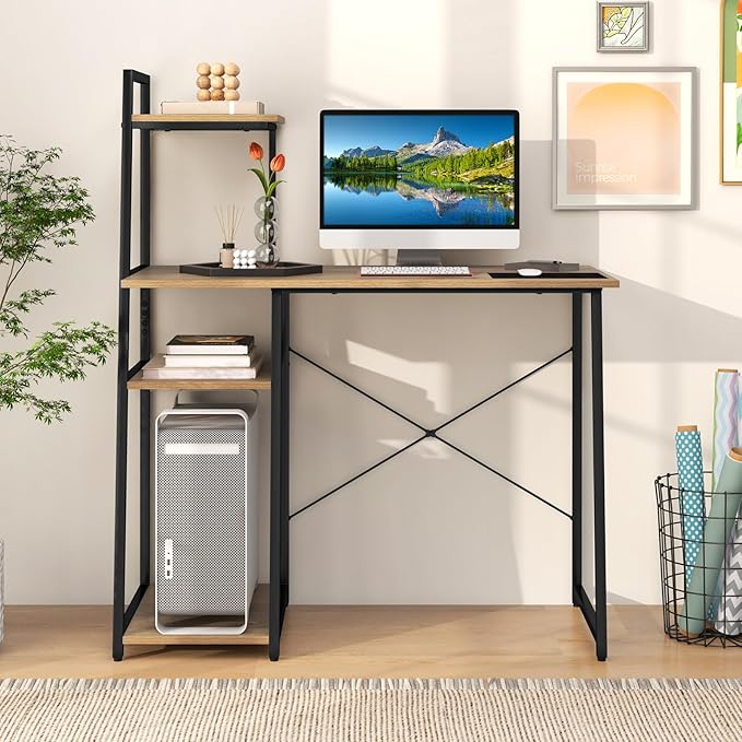 Giantex Computer Desk with Shelves 47.5” Home Office Desk with Bookshelf Host Stand Metal Frame PC Laptop Workstation Modern Study Writing Desk for Bedroom Small Space (Natural &amp Black)