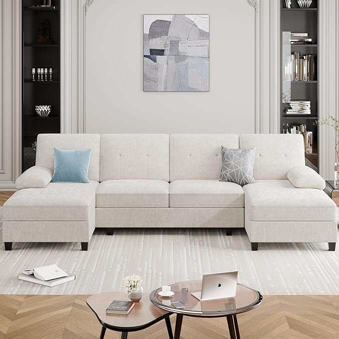 Meilocar 106 U Shaped Sectional Sofa for Living Room 4-Seat Fabric Couch with Double Chaise Longue Comfortable Large Sectional with 300lbs Capacity per Seat for Apartment &amp Home Pure White