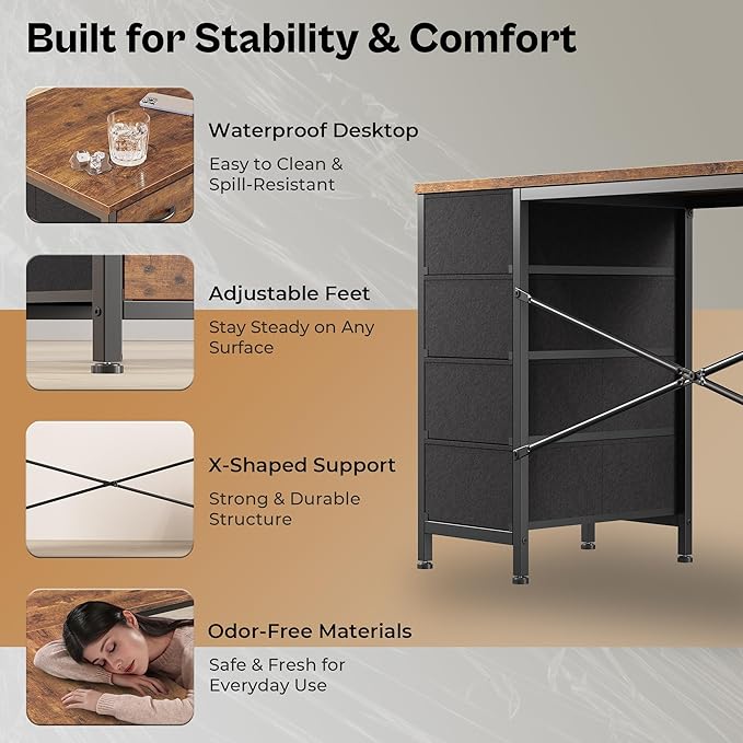 Huuger 55 Inch L Shaped Desk with Fabric Drawers Reversible Computer Gaming Desk with Power Outlets and USB-C Port Adjustable Side Storage Shelves for Work Study Corner Home Office Rustic Brown