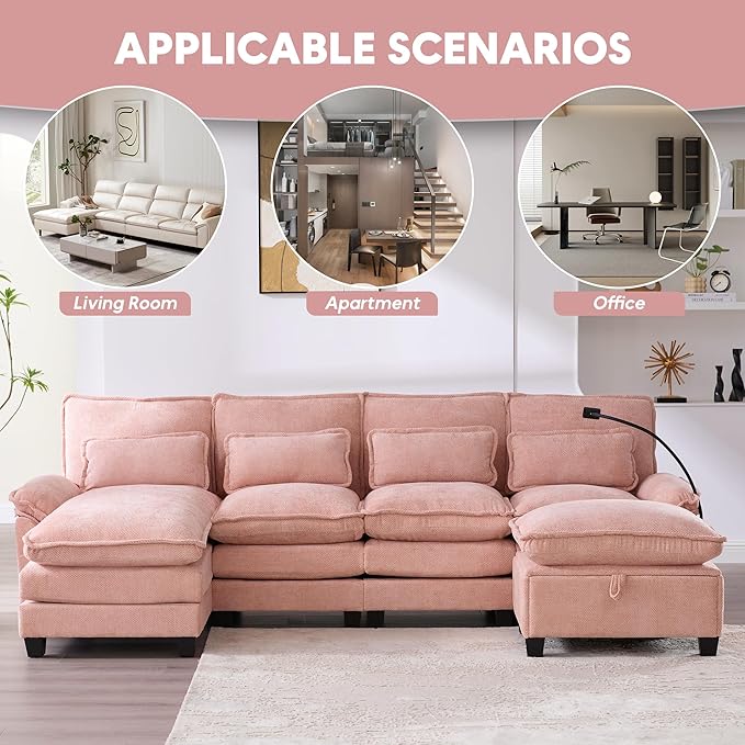 U Shape Modern Modular Sectional Sofa Cloud Couch with Storage Ottoman 4-Seat Upholstery Chenille Deep Seat Sofa with Charging Port for Living Room Pink