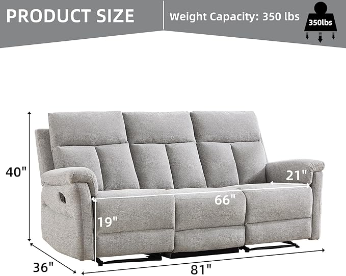 Manual Reclining Sofa 3 Seat Soft Fabric Recliner Couch for Adults with Overstuffed Arms and Back Sofa Recliner for Living Room (Silver)
