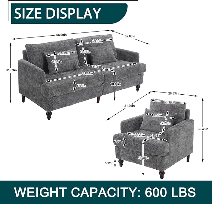 QQU Modern Upholstered Armchair Chenille Fabric Single Armchair with Cushions Living Room Lounge Chair Reading Chair with Solid Wood Frame Suitable for Bedroom Reception RoomGrey