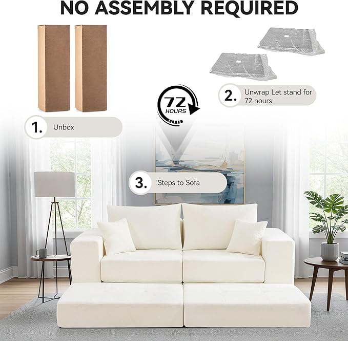Boneless Sectional Loveseat Couch with Ottoman Convertible Tufted Button Modular Floor Sleeper Sofa Bed Comfy Foldable Compression Love Seat Sofa for Living Room No Assembly Beige