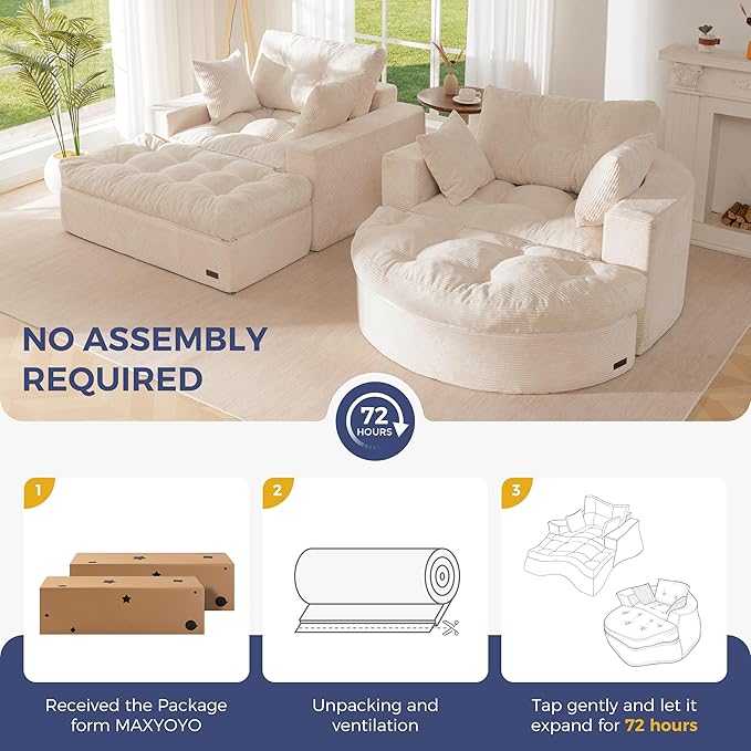 MAXYOYO Modular Sectional Chaise Lounge Sofa 2 Sets Upholstered Lounge Chair with Ottoman Comfy Round+ Square Couch with Layered Cushion Tufted Sleeper Chair for Living Room No Assembly Beige