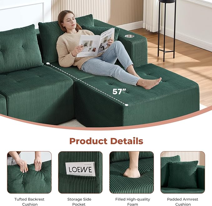 100 U Shaped Modular Sectional Sofa Oversized 5-Seater Boneless Tufted Cloud Couch with Cup Holder and Movable Ottoman Corduroy Upholstery Couches for Living Room No Assembly Green