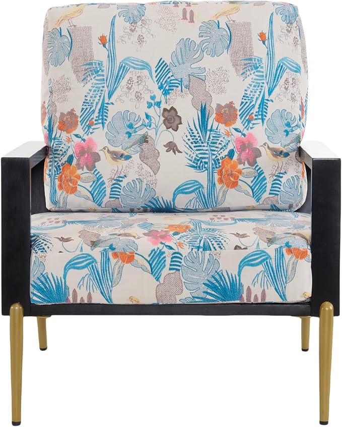 Retro Low Back Floral Print Velvet Accent Armchair with Gold Metal Legs &amp Rubberwood Frame Wide Armrest Mid-Century Lounge Chair with Pillow Back Sofa Chair for Living Room &amp Balcony Blue F