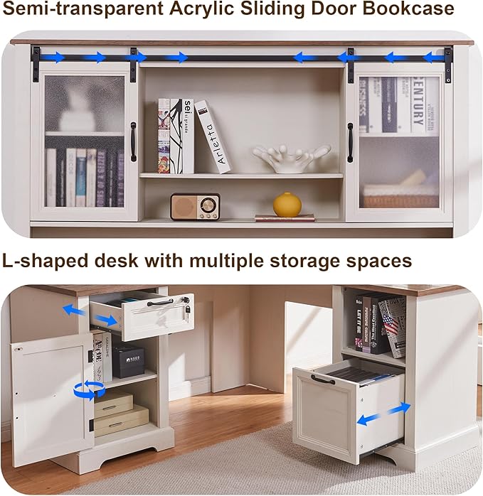 60 Farmhouse L-Shaped Executive Desk with HutchSecretary Desk with HutchCharging StationLockable Drawer Adjustable File Cabinet &amp Shelves for Home Office