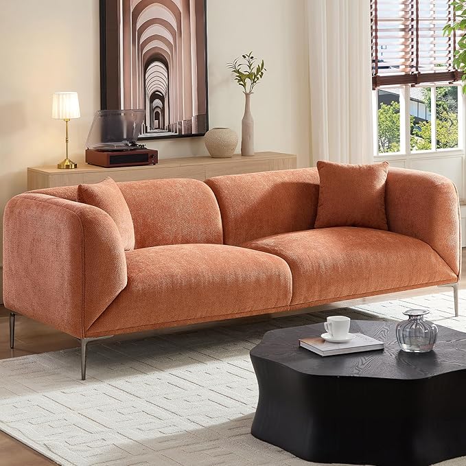 MEETAKING 82.7 Modern Boucle Sofa 3-Seater Upholstered Couch with Metal Legs Luxury Deep Seats Cloud Curved Sofas Minimalist Comfy Couches for Living Room Apartment Home Office Bedroom - Orange