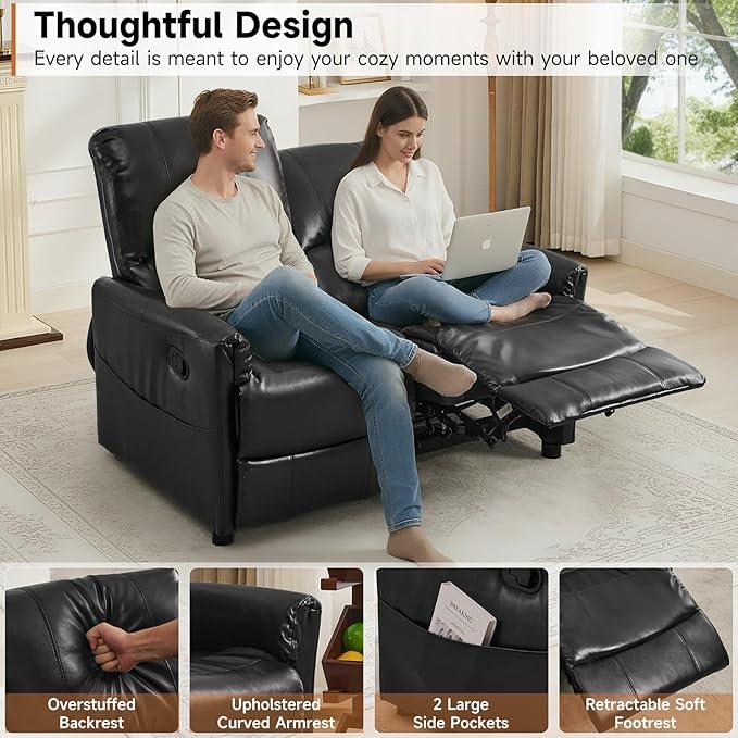 Manual Reclining Loveseat Sofa 2-Seater Recliner Couch with Overstuffed Backrest PU Leather Upholstered Double Recliner for Living Room RV Small Spaces Black