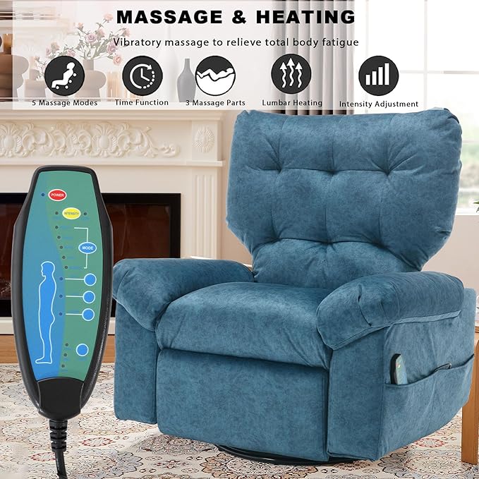 Rocker Recliner Chair for Adults Soft Lazy Boy Recliner Chair with Heat&amp Adjustable Backrest Footrest Oversized Massage Recliner Chair with Swivel and Side Pocket for Living Room Bedroom (Blue)