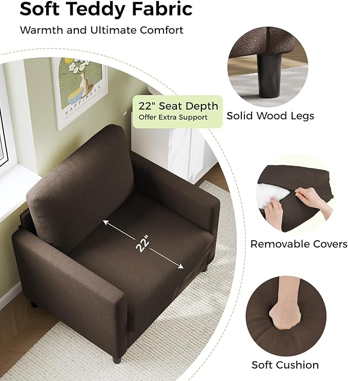 Sofa Accent Chair 33 Reading Chair for Bedroom Tool-Free Setup Living Room Accent Chairs Comfy Arm Chairs Living Room All-Wood Reading Nook Brown