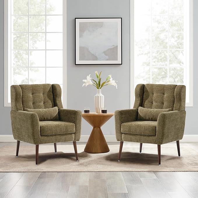 Modern Accent Chair Chenille Fabric Upholstered Tufted Side Chair Wingback ChairMid Century Reading Armchair with Waist Pillow Backrest for Living Room Bedroom (Olive Green)