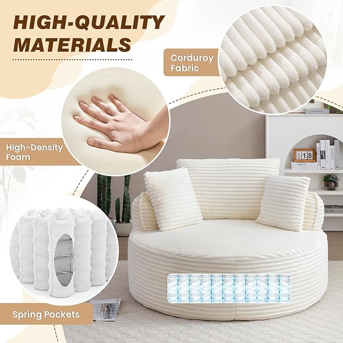 53W Oversized Round Chaise Longue Chair IndoorCorduroy Fluffy Comfy Cloud ChairCircle Bean Bag Sofa with Foam Filling &amp PillowsBoneless Reading Cozy Sofa Chairs for Living RoomBedroomWhite