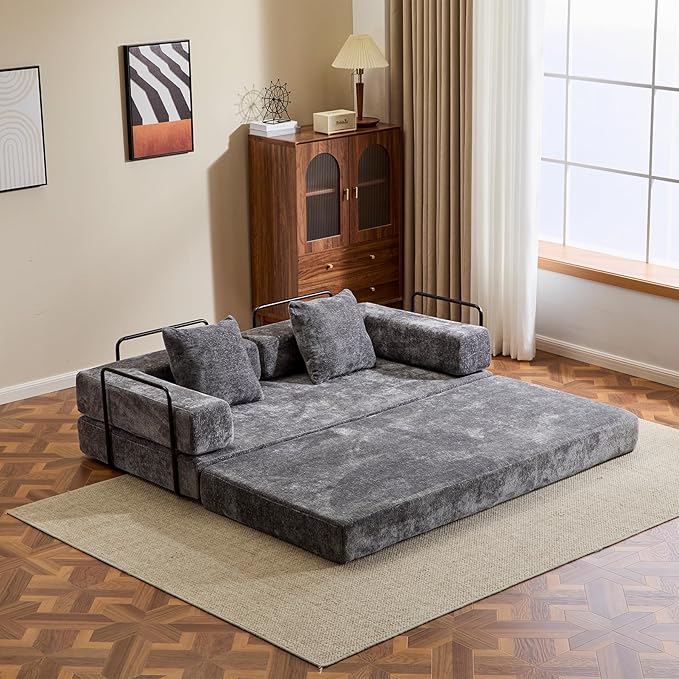 Folding Sofa Bed Convertible Sleeper Sofa Chenille Floor Couch with Pillows Fold Out Couch King Size Bed Futon Foldable Memory Foam Mattress for Living Room Bedroom Playroom (Dark Grey)