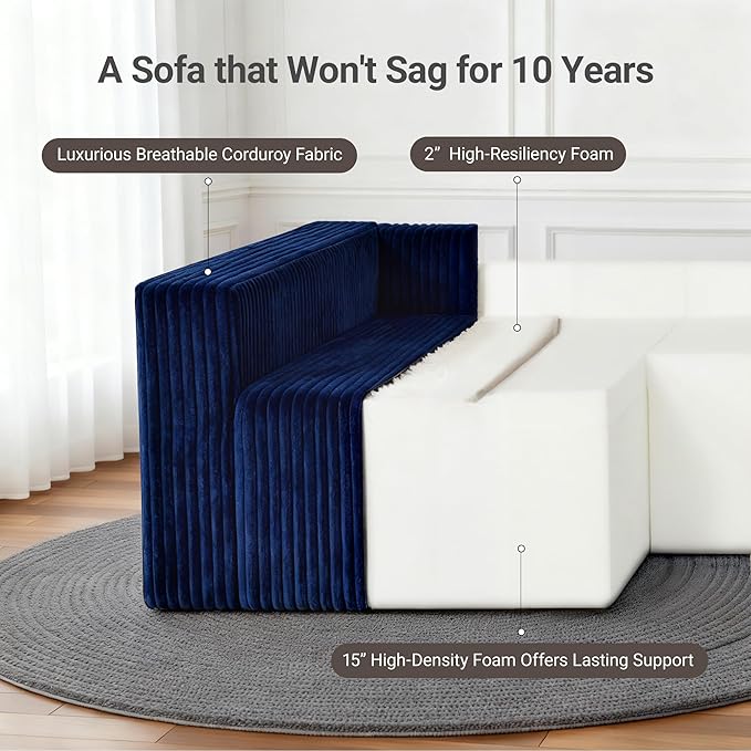 128 U-Shaped Modular Sofa Modern Cloud Couch with Double Chaise Sectional Boneless Couch with Pillows Deep Seat Sofa for Living Room Bedroom No Assembly Required Blue