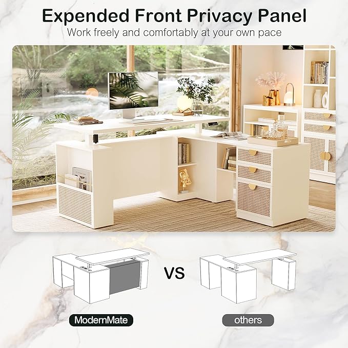 63 Standing Desk with File Cabinet Privacy Panel AC/USB 1.18 Desktop Executive L Shaped Height Adjustable Desk Electric Stand Up Table with 3 Drawers White Rattan