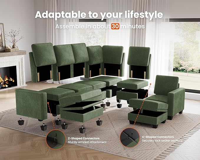 CHIC HOUSE Modular Sectional Couch| Corduroy L Shaped Sleeper Sofa U-Shape Sofa Bed Convertible Chaise with Storage Ottoman for Living Room Modern Furniture (Green 6 Seater L-Shaped)
