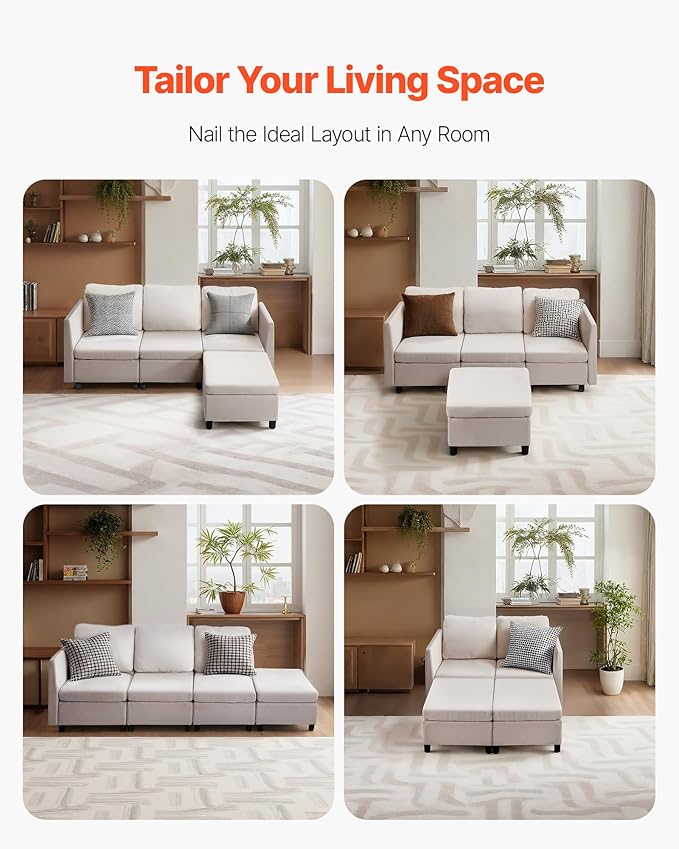 VEVOR Modular Sectional Sofa 3-Seater Modular Sofa with Hidden Storage Customizable Cloud Sectional Couch with Ottoman Solid Wood Frame Upholstered Couch for Living Room Bedroom Beige
