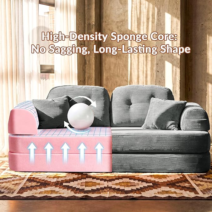 Convertible Modular Sofa Bed with Large Backrest Support &amp Storage Pockets Modern Corduroy Floor Couch for Small Apartment &amp Limited Space Ergonomically Designed Furniture (Gray 82'')