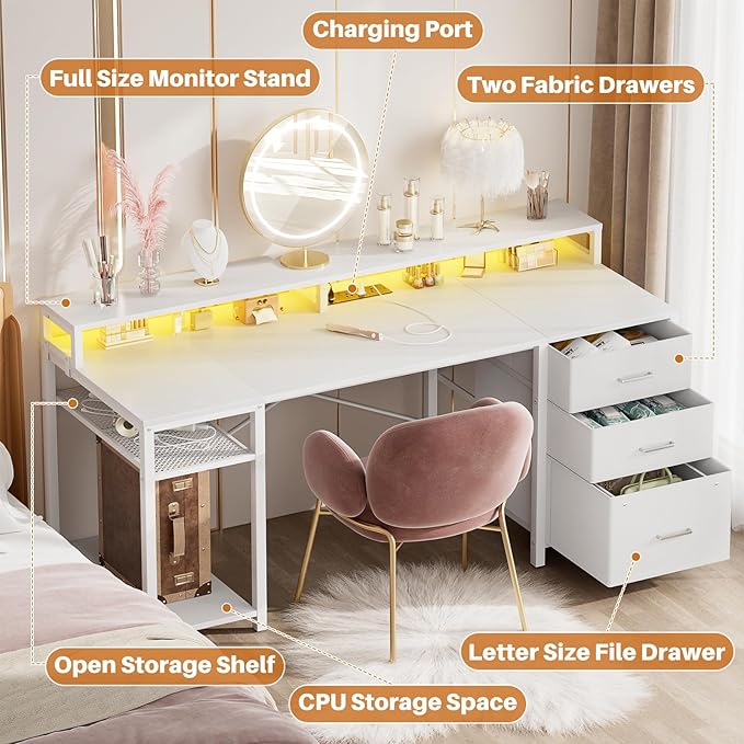 Aheaplus Gaming Desk with LED Lights and Power Outlets 59 inch Computer Desk with Fabric File Drawers Home Office Desk with Monitor Stand and Storage Shelves White