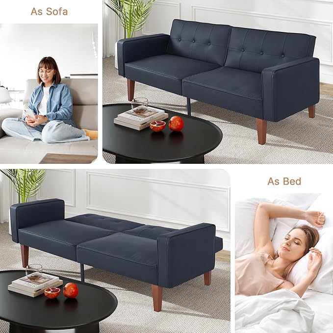 Futon Sofa Bed Leather Futon Couch Loveseat Convertible Recliner Lounge with Adjustable Backrest Foam and Spring Cushions for Living Room Apartment Office PU Leather Matte Black