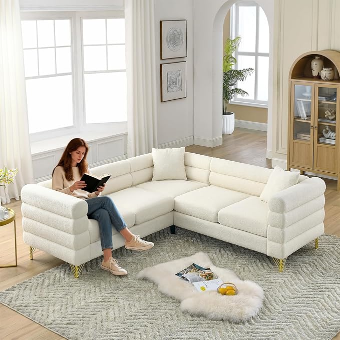 L-Shaped Sectional Couch 81.5 Oversized Corner Sofa Teddy Boucle Comfy Cloud Modern Upholstered Deep Seat Set with Stylish Metal Legs for Living Room Home OfficeApartment White