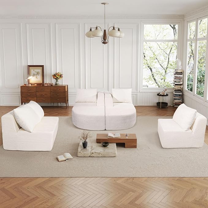 144 Oversized Sectional Sofa with Chaise Lounge Boneless Couches for Living Room Modern Luxury Chenille 5-Seater Sofa Deep Seat U-Shape Curved Cloud Couch No Assembly Required (White)