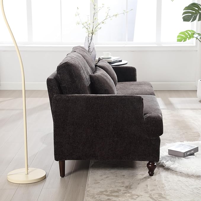69” Modern Chenille Loveseat Sofa Couch Upholstered 2 Seat Love Seat Deep Seat Small Couch with 2 Pillows and Sturdy Wood Legs for Living Room Bedroom Apartment (Black)