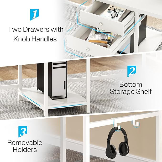 Tribesigns 78.74’’ Two Person Desk with 2 Drawers Long Double Computer Desk Gaming Table with Shelves Industrial Study Writing Table Workstation for Home Office White