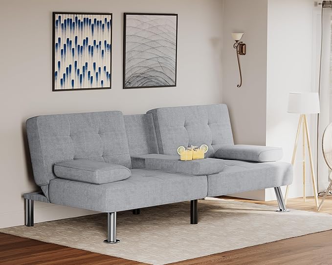 Flamaker Futon Sofa Bed Modern Folding Futon Set Linen Fabric Convertible Recliner Lounge for Living Room with 2 Cup Holders Removable Armrests (Fabric Light Grey)