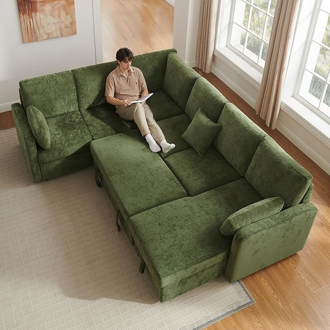 111'' Sectional Sleeper Sofa with Pull Out Bed U Shaped 6 Seat Modular Couch with Storage Chaise Modern Sectional Couch Cloud Chenille Sofa Bed for Living Room Apartment Olive