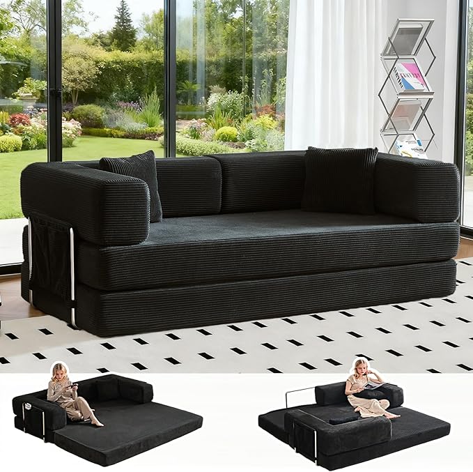 Folding Sofa Bed Convertable Corduroy Couch King Size Floor Sleeper 4-in-1 DIY Combination Modular Sofa Fold Out Futon Lounge Comfy Foldable Lazy cama for Living Room (Black 80.15)