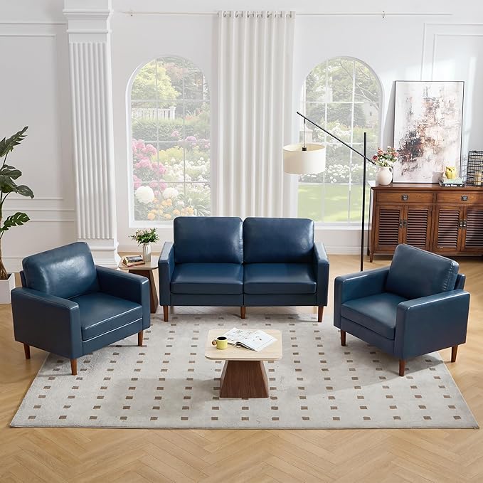 Kingfun 65 Loveseat Sofa with 2 Chair Faux Leather Love Seat Couch Mid Century Modern Couch with Solid Wooden Frame for Living Room &amp Bedroom in Small Spaces Navy Blue
