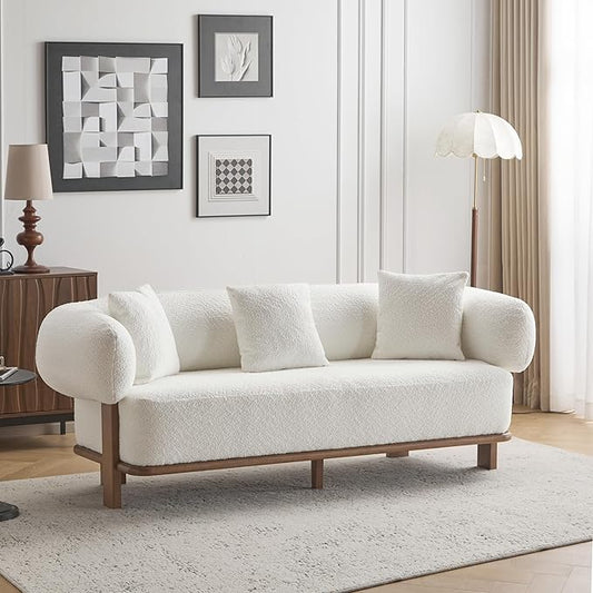 Christopher Knight Home Yule Living Room Wooden 3-Seater SofaBoucle Fabric Upholstered Lounge Sofa CouchHome Office/Bedroom Sofa Chair with Accent PillowComfy Reading Cloud SofaMilky White + Brown