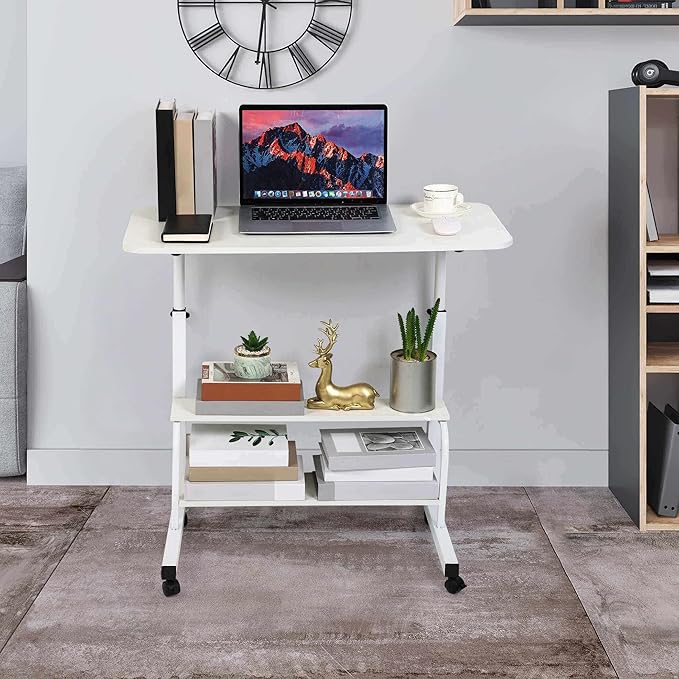Home Office Desk Movable Bedroom Adjustable Table Modern Laptop Computer for Living Room Couch Portable Small Spaces with Wheels Storage Furniture Study 31.5 * 15.7 White
