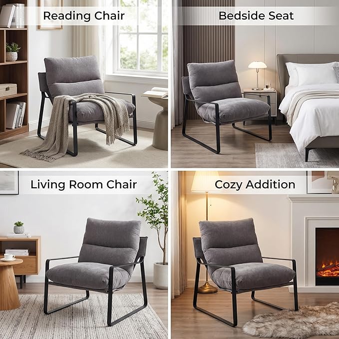 LukeAlon Modern Linen Accent Armchair Upholstered Living Room Chair with Metal Base Thickened Cushion Single Sofa Chair Comfy Lounge Chair for Bedroom Living Room Grey