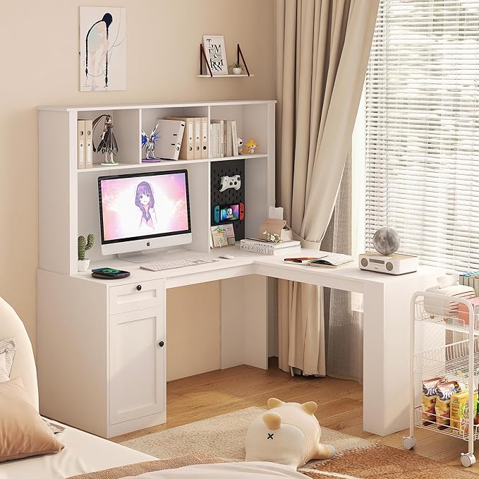 L Shaped Desk with Outlet Computer Desk with Drawers Bookshelf &amp Hutch Modern Corner Desk Home Office DeskL-Shaped Study Table Writing DeskCorner Gaming Computer Desk with Storage