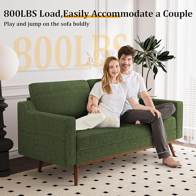 Vipbear 65.4 Loveseat Sofa Green Corduroy Couch Mid-Century Modern Small Couches for Living Room Bedroom Office Comfy Sofa with Spring Cushion Solid Wood Frame Tool-Free Assembly