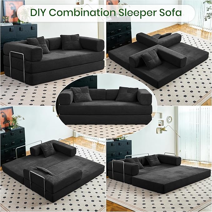 Compression Sofa - 62''Convertible Floor Sofa Bed - with Pillow Back Support Armrest - Comfy Foldable Sofa Bed Compressed Sofa in Box - Corduroy Fabric - for Living Room Bedroom (Black)