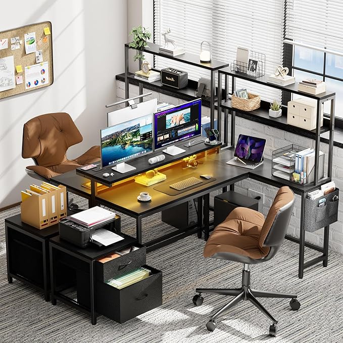 REAHOME 70 Inch L Shaped Desk with File Drawers and Reversible Storage Shelves Computer Desk with Power Outlet &amp LED Strip Home Office Desks Writing Study Desk for Bedroom Carbon Fiber Black