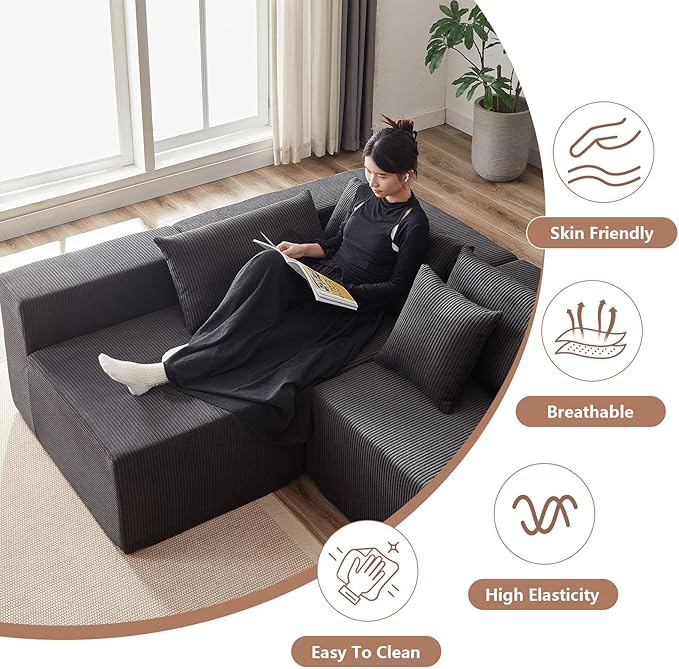 104” Modular Sectional Sofa Cloud Sectional Couch with Deep Seat Modern Modular L-Shape Sofa Couch with Chaise Upholstered Couches Sleeper Sofa Bed for Living Room Bedroom (Corduroy Black)