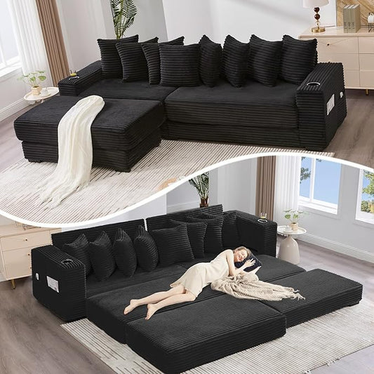Oversized L-Shaped Modular Sectional Sofa Couch with 8 Pillows Convertible Corduroy Sleeper Sofa Bed with Cupholders &amp Storage Pockets Cloud Couch with Movable Ottoman for Living Room Black