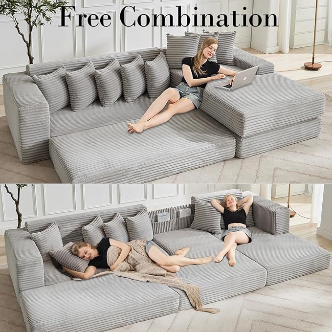 110 L-Shaped Modular Sectional Sofa with Chaise Lounge Corduroy Oversized Convertible Floor Sleeper Sofa Bed with 8 Pillows Modern Deep Seat Boneless Couches (Light Gray 110 + Right Chaise)