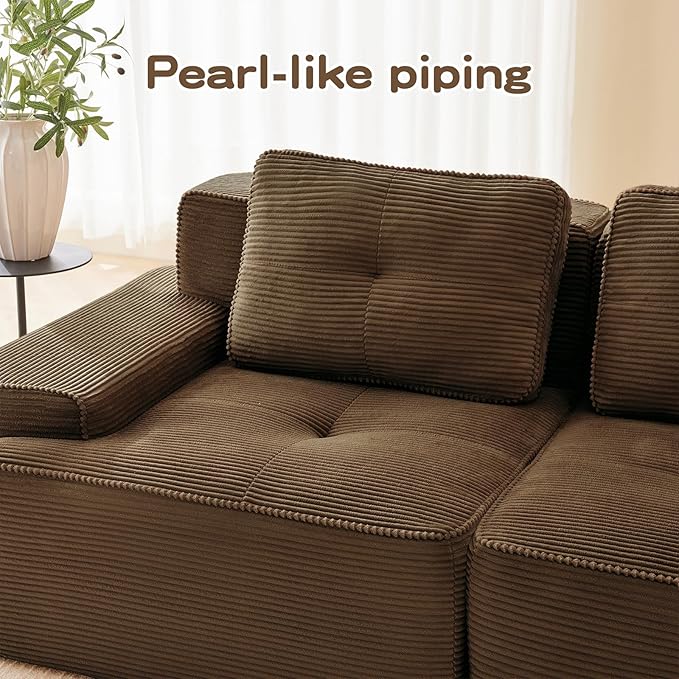 117 Modern Corduroy Cloud Sofa with Ottoman L Shaped Boneless Modular Large Sectional Couches for Living Room Brown 3 Seater Compressed Memory Foam Couch Extra Deep Seat No Assembly