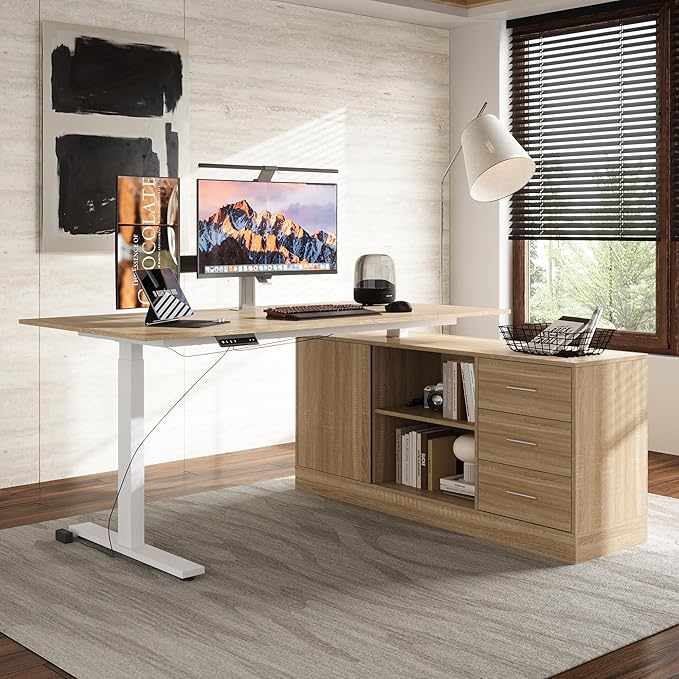 63 L Shaped Electric Standing Desk with File Cabinet Height Adjustable Stand up Desk with Drawers and Shelves Home Office Computer Gaming Table Brown &amp White