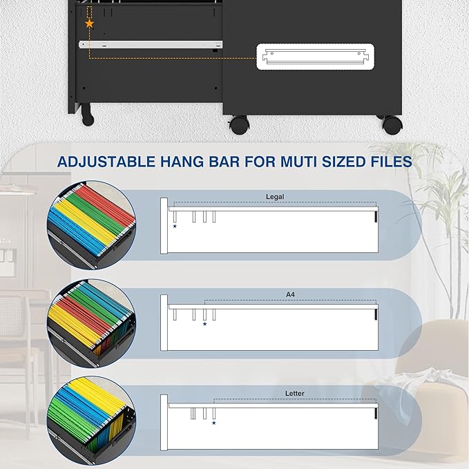 3 Drawer Vertical File Cabinet Mobile Filling Cabinets with Lock for Legal/Letter Size Pre-Built Office Storage File Cabinet with Wheels Under Desk - Fully Assembled