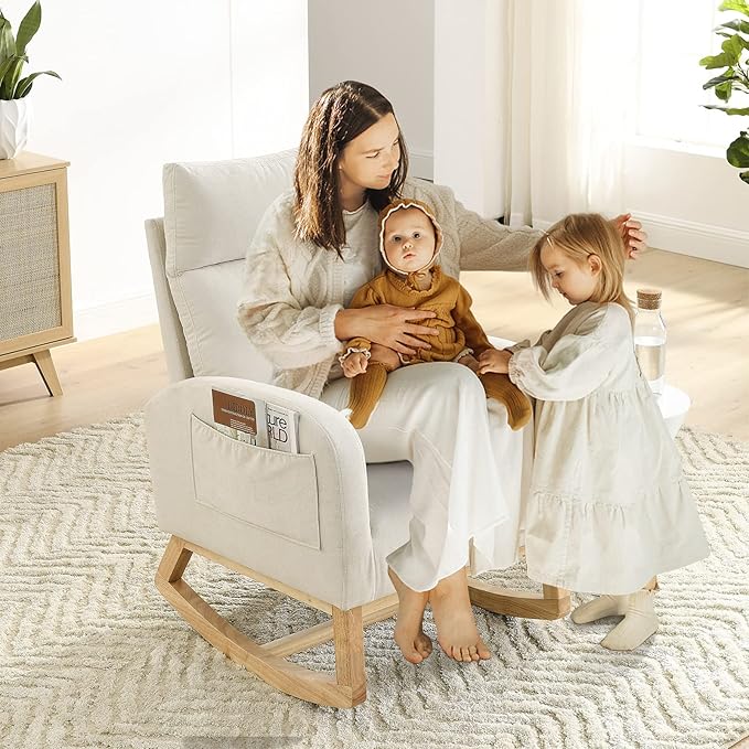 Nursery Rocking Glider Chair Modern Fabric Tall Back Accent Rocker Chair Upholstered Arm Chair w/Side Pockets Modern Leisure Single Sofa for Living Room Hotel Bedroom Office Beige