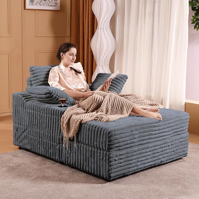 Garvee Grey Oversized Chaise Lounge Chair Indoor with Storage Ottoman Upholstered Corduroy Sofa Bed Cloud Couch with 3 Pillows Single Sleeper Sofa Chair for Living Room Bedroom
