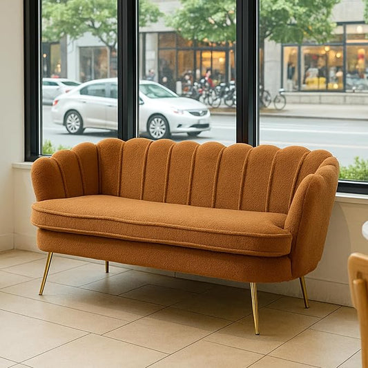 59'' Loveseat Sofa Modern Sherpa Boucle 2-Seater Sofa with Golden Legs Comfy Upholstered Shell Accent Couch for Store Living Room Studio Office (Caramel).