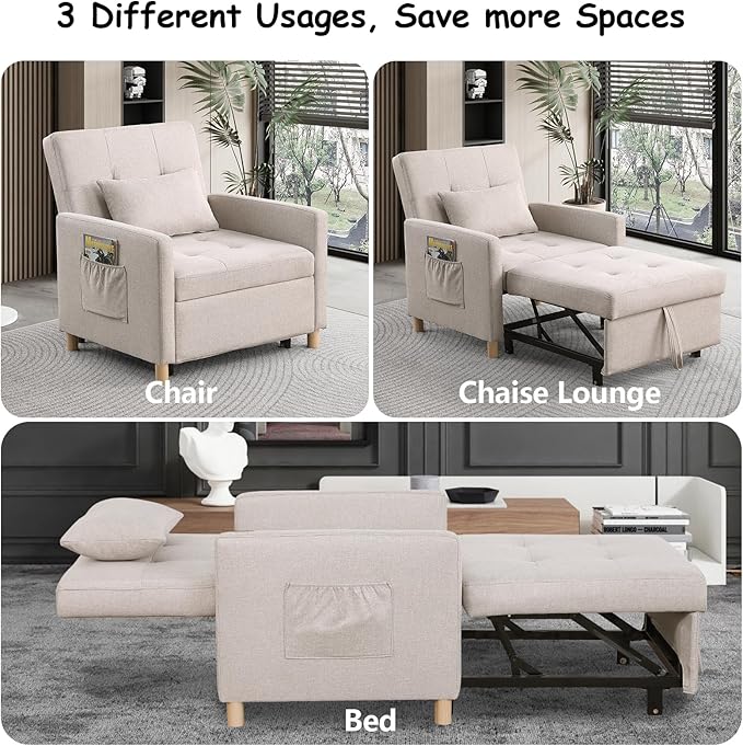 Sleeper Chair Bed Convertible Chair Bed Sleeper Pull Out Sofa Bed with Adjustable Backrest Linen Fabric Convertible Chair to Bed with Side Pocket for Living Room Apartment-Beige